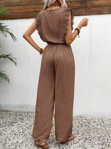 Conjunto de 2 piezas de blusa con ribete de encaje de unicolor y pantalones de pierna ancha para mujer, casual para vacaciones y viajes, primavera/verano - Café integral - Ver 2