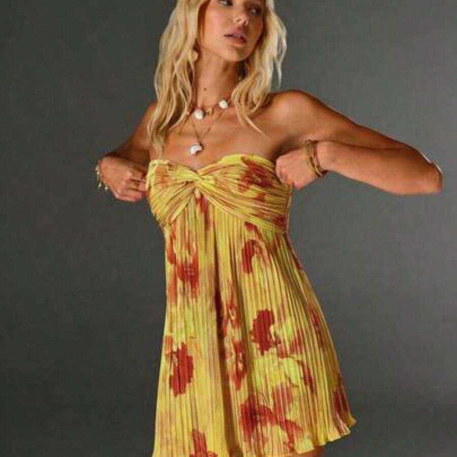 TRNDY Romantic Pleated Floral Print Twist Front Mini Dress, Suitable For Spring/Summer Vacation - Amarillo - Ver 1