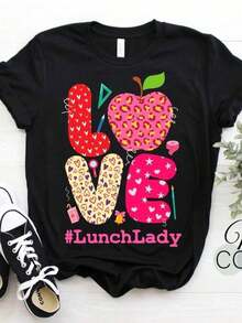 Lunch Lady Love Cafeteria School Food Service Crew Cute T-Shirt, Funny Dinner Lady Perfect Present Ladies Mom Girls Food In School Gift Tees huntrix trajes de primavera niña ropa de niña ropa de playa niña ropa niña 4 años trajes de primavera niña - Negro - Ver 2