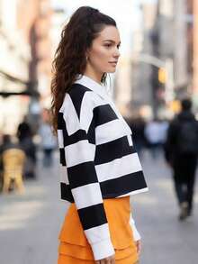 Women Striped Fall Tops Casual Half Button-Up Collared Long Sleeve Crop T-Shirts  Streetwear - màu đen - Xem 3