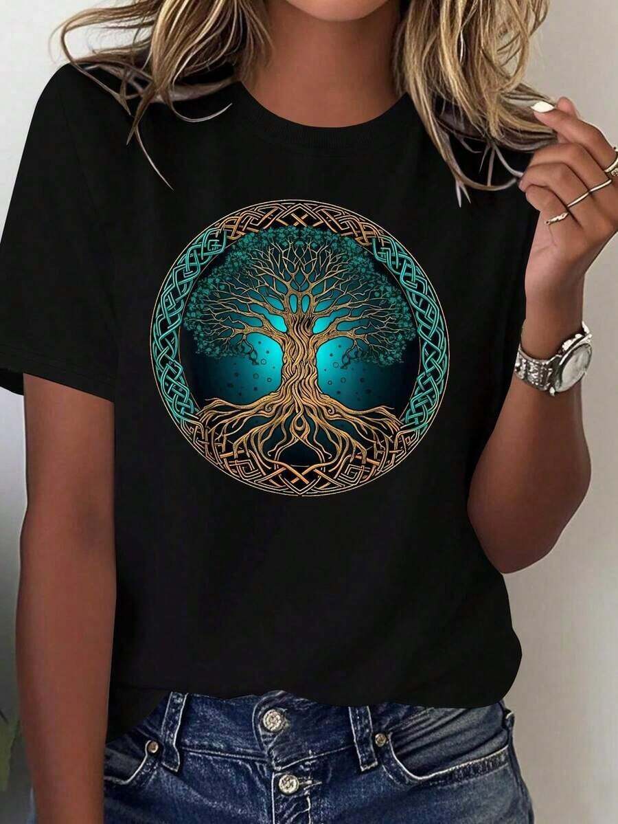 ComfortableCamisetas con Estampados Gráficos, Color Sólido, Camiseta Estampada para Mujer, Cómoda, Versátil, Casual, Manga Corta, 100% AlgodónLoose Versatile Short Sleeve T-shirt for Women - Negro - Ver 1