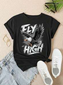 Women's Casual T-Shirt - Short Sleeve T-Shirt With 'Fly High' Eagle Graphic Design, Crew Neck, Summer Top, Machine Washable, Ladies' T-Shirts, Casual Wear, Modern Style, Comfortable Fit
Black 100% Cotton Durable - 黑色 - 查看 2