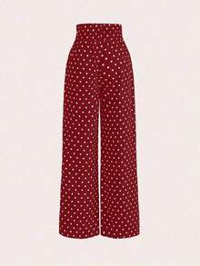 Pantalones de pierna ancha con estampado de lunares de talle alto - Rojo - Ver 2