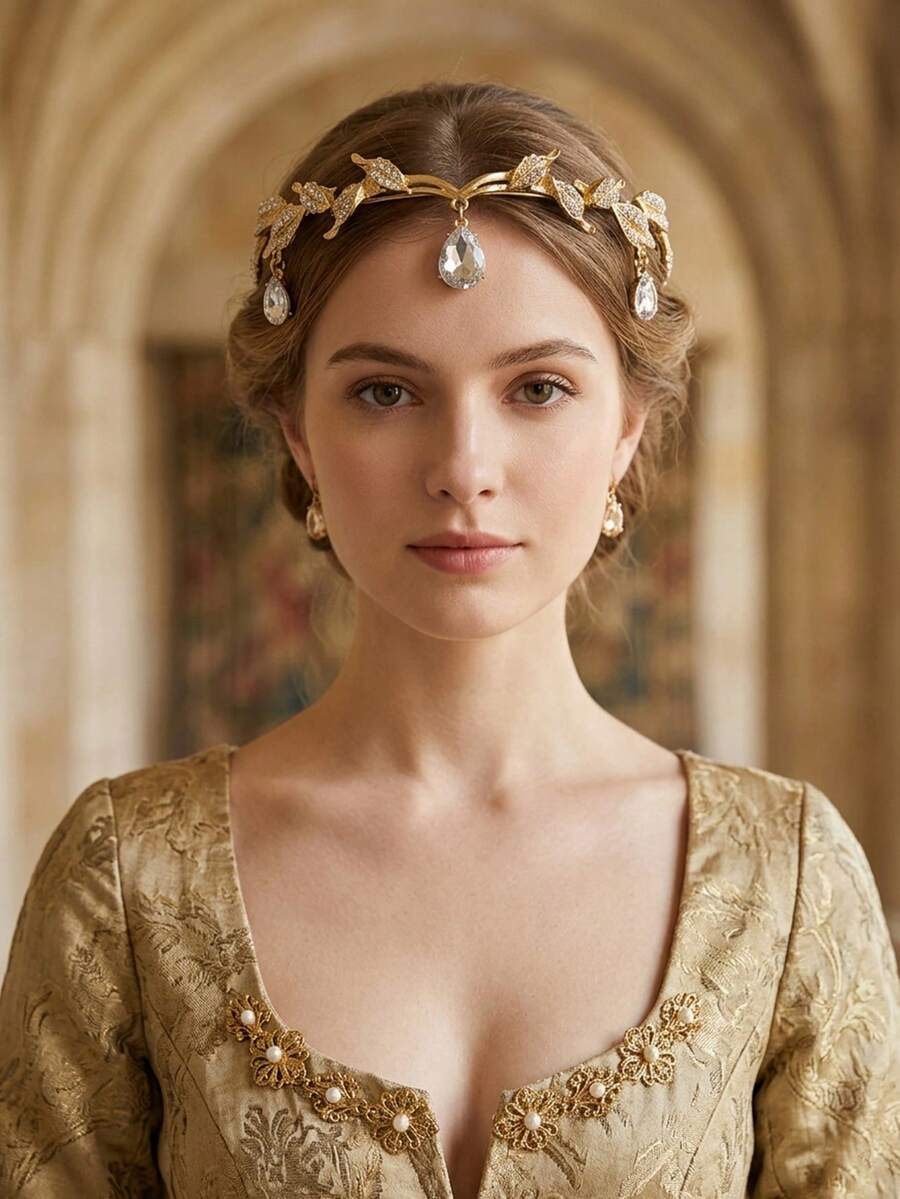 1 Peça Tiara de Luxo Inspirada na Natureza com Folha Dourada e Gota de Cristal, Minimalista e Versátil, Adequada para Madrinhas, Noivas, Sessões Fotográficas, Cosplay, Baile de Formatura - Dourado e branco - Visão 1