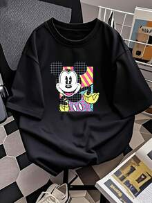 Gráfico divertido que muestra un rostro sonriente de ratón con colores vibrantes y formas geométricas que transmiten energía juvenil y optimismo ideal para looks casuales camiseta de mujer  suave y cómoda para uso diario - Negro - Ver 2