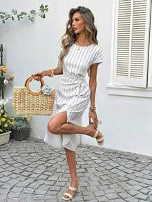 Vestido midi casual de mujer con estampado de lunares, cintura retorcida y abertura alta sin mangas; Vestido ajustado texturizado casual de mujer; Conjunto de fitness de mujer; Vestido de invitada de boda de mujer; Atuendo de oficina de mujer - Blanco - Ver 4