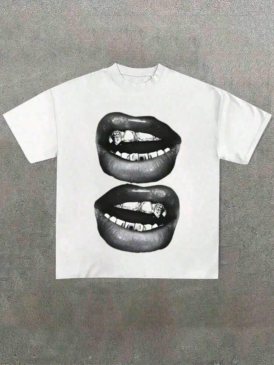 Diseño simple y versátil. Una camiseta estampada divertida y elegante con un diseño de labios, casual y cómoda, adecuada para primavera y verano, hecha de tela de algodón puro. - Blanco - Ver 1