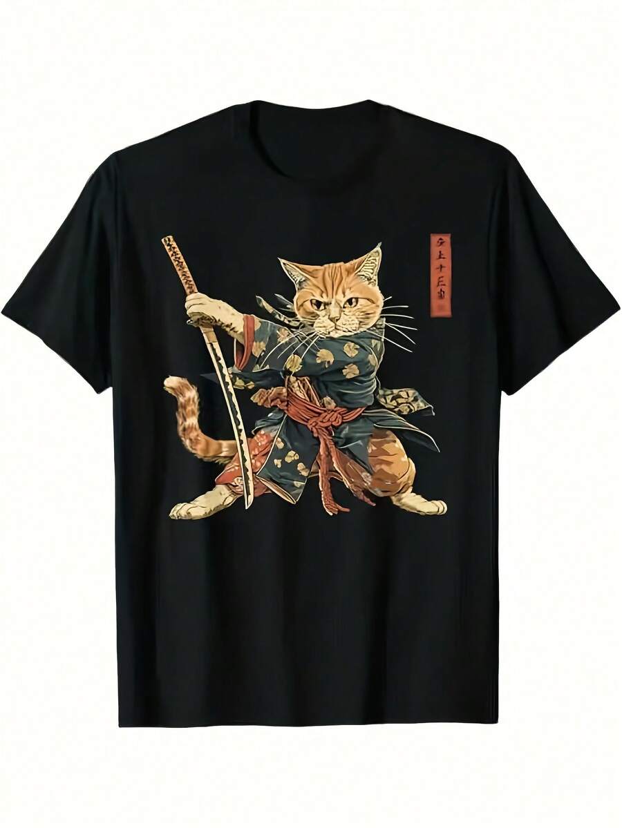 Camiseta unisex de anime con diseño de gato samurái katana a rayas naranjas y kimono color sólido suave adecuada para todas las estaciones un artículo imprescindible de ropa casual urbana versátil para todas las estaciones asequible para el uso diario y un regalo perfecto para fans y amigos playeras de hombre ropa de hombre nacional envio - Negro - Ver 1