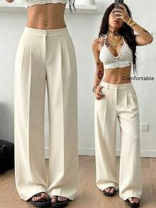 Pantalones largos casuales de poliéster de pierna recta para mujer con detalles de botón y cremallera, ligeramente elásticos para uso diario. - Blanco - Ver 8