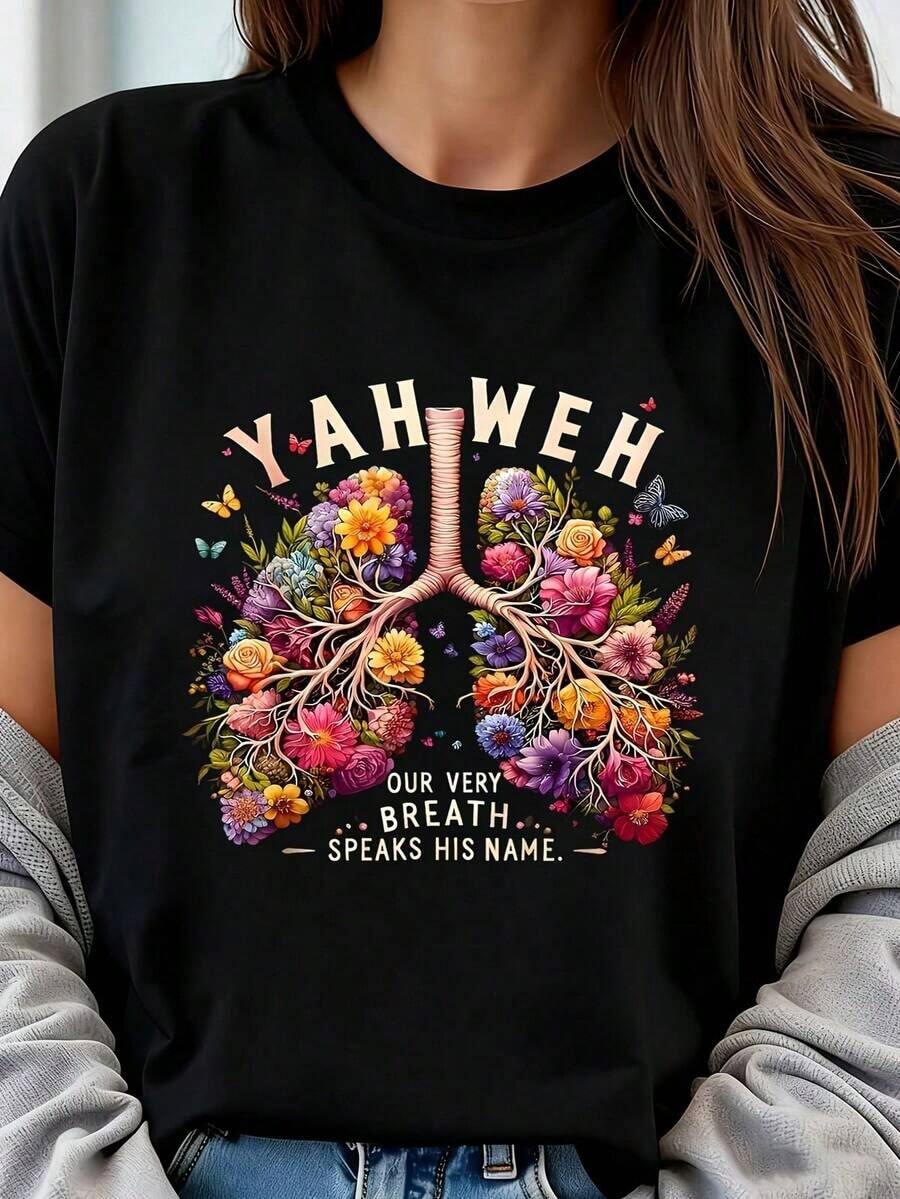 Camiseta Casual de Verano para Mujer, Diseño de Árbol de la Vida y Pulmones con el Nombre de Jehová, 1 Pieza, Camiseta de Talla Grande para Mujer, Camiseta Gráfica de Manga Corta, Novedosa, 100% Poliéster, Cuello Redondo Casual - Negro - Ver 1