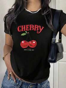 Women's Casual T-Shirt, Short Sleeve, Round Neck, Cherry Print, Loungewear, Unisex, 100% Cotton, Durable - 黑色 - 查看 6