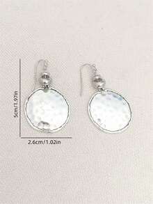 1 Pair Of Vintage Simple Round Hammered Design Dangle Earrings, Jewelry Gift Suitable For Women's Daily Casual Wear - Silver - View 5