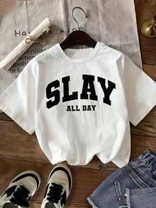 1 Men's And Women's Casual Fashion T-Shirt, Vintage Style, Short Sleeve, With "Shine All Day" Letter Print, Comfortable Polyester, Ideal For Daily And Outdoor Wear, Comfortable Fit. Versatile, Easy To Match, Suitable For Daily Wear, Urban Style, Vacation Wear, Weekend Wear. - 白色 - 查看 2