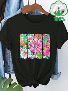 Women's Plus Size T-Shirt With Vibrant Floral Print, Short Sleeve, Round Neck, Casual T-Shirt With Colorful Floral Design, Lightweight And Breathable For Spring/Summer/Autumn, Floral Print Blouse - 黑色 - 查看 1