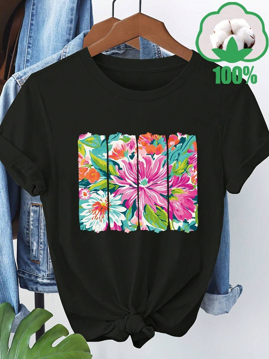 Women's Plus Size T-Shirt With Vibrant Floral Print, Short Sleeve, Round Neck, Casual T-Shirt With Colorful Floral Design, Lightweight And Breathable For Spring/Summer/Autumn, Floral Print Blouse - 黑色 - 查看 1