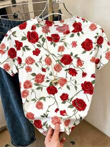 Elegant Women's Casual Round Neck T-Shirt With White Rose Floral Print For Summer, Vacation Wear, Graphic Tee, Casual Everyday Wear - 彩色 - 查看 8