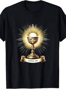Limited Edition Catholic T-Shirt Of The Traditional Latin Mass, Thick Unisex Religious T-Shirt With Holy Communion Blessing And Chalice Design, Latin Rite Mass Print, Casual Church Wear, Crew Neck, Non-Stretch, Women's Clothing - 黑色 - 查看 1