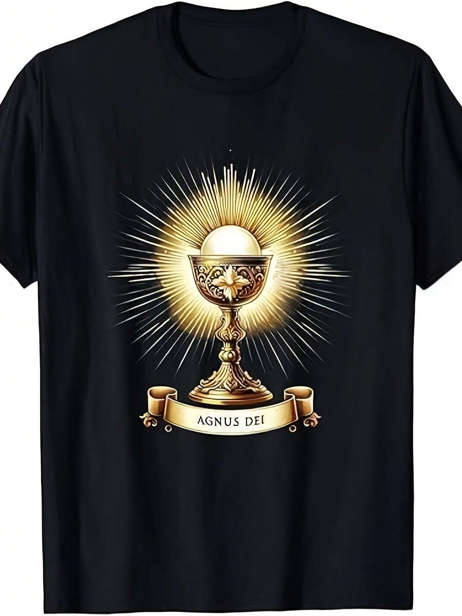 Limited Edition Catholic T-Shirt Of The Traditional Latin Mass, Thick Unisex Religious T-Shirt With Holy Communion Blessing And Chalice Design, Latin Rite Mass Print, Casual Church Wear, Crew Neck, Non-Stretch, Women's Clothing - 黑色 - 查看 1
