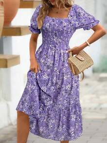 Clasi Vestido de línea A con mangas abullonadas y estampado floral para mujer - Púrpura malva - Ver 6