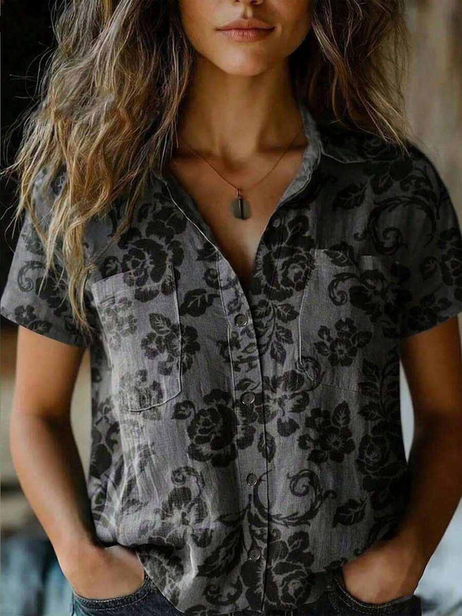 YI XUAN Women's Retro Floral Print Fashion Shirt, Front Dual Pocket Design Short Sleeve Blouse - Dark Grey - View 1