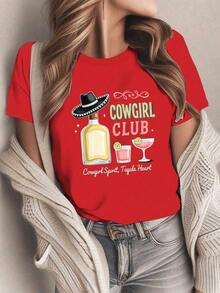 ComfortableCamiseta ligera de mezclilla para mujer, estilo cóctel/club con temática de tequila - Diseño totalmente occidental, con estampado de sombrero de vaquero y tequila, así como un diseño de cactus, con letras de mezclilla rosa, adecuada para uso casual en todas las estaciones en fiestas campestres, rodeos y eventos de temática mexicana. 100% algodón, una opción popular. Camiseta holgada y versátil de manga corta para mujer. - Rojo - Ver 7
