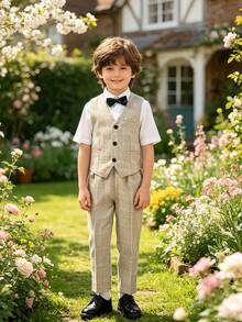 New Boys' Suit Tuxedo, Host Piano Formal Wear, Wedding Flower Boy Outfit, Striped Boys' Tuxedo, Wedding Flower Boy F Tuxedo 3 Pieces Set, Vest + Pants + Bow Tie Set - Khaki - View 4