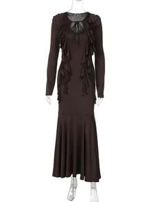 Women's Autumn Dress, European Style, Long Sleeve With Ruffles, Ties, Fitted Waist, Elegant And Modern Fashion - 棕色 - 查看 8
