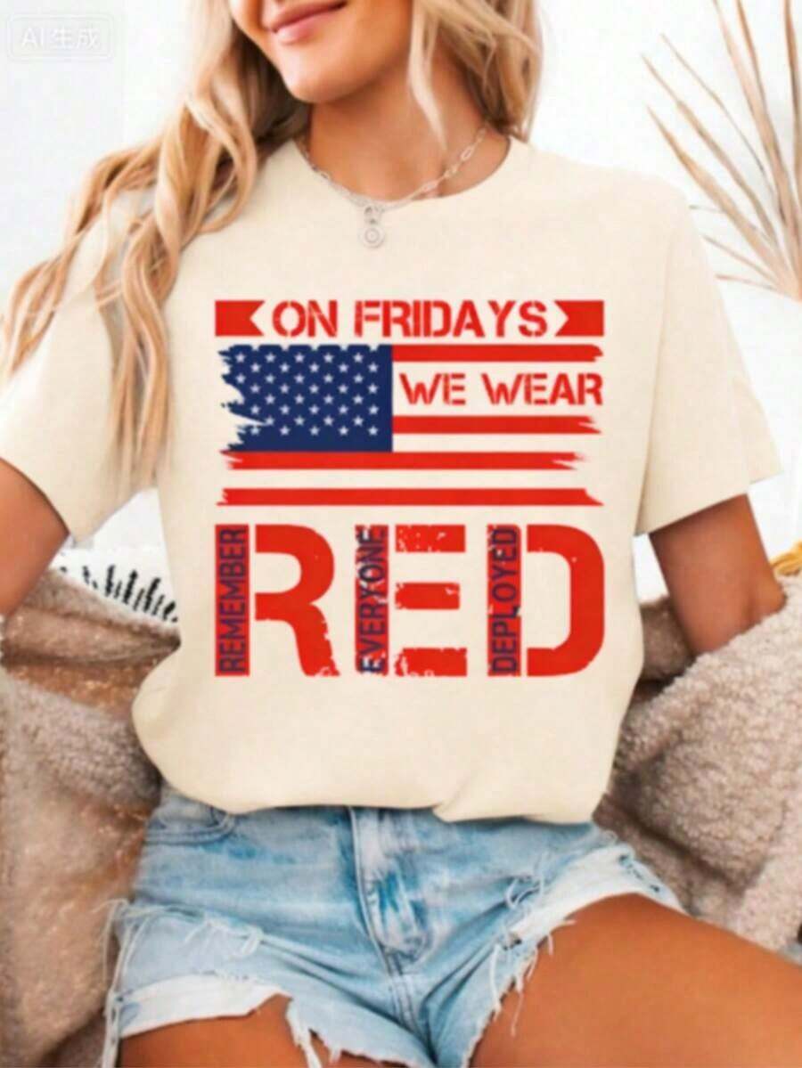 GiftGiftU.S. "Tribute To Veterans And All Warriors (REDEPLOY)" T-Shirt - Casual Military-Style T-Shirt With American Flag Design, Themed For Veterans Day And Warrior Commemoration, Regular Fit, Crew Neck, Soft. - 杏色 - 查看 1