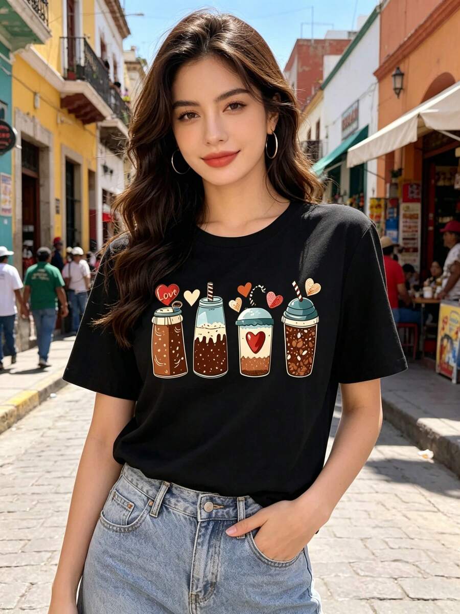 Limited Time Offer, Limited Quantities, Flash ! Women's Casual Shirts, Women's Polyester T-Shirts, Elegant Shirts. Women's Short-Sleeved, Round-Neck Sports T-Shirt With Ice Cream, Coffee, Caramel, And Tea Prints, Perfect For Summer. - 黑色 - 查看 1