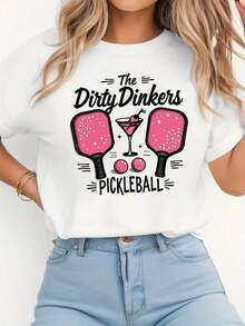 Women's Short-Sleeved Crew Neck T-Shirt, Spring-Summer, With "The Dirty Drinkers PICKLEBALL" Text Print, Casual Streetwear, Holiday Gift, Outfit For Friends Gatherings, Fun Pickleball Style, Lightweight. - 白色 - 查看 1