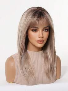 16英寸渐变灰金色中长直发假发，带刘海，耐热合成纤维机织假发，适合日常佩戴、万圣节、Y2K、角色扮演、音乐节等场合，新手友好，是送给女孩的节日礼物。 - 漸層 - 查看 7