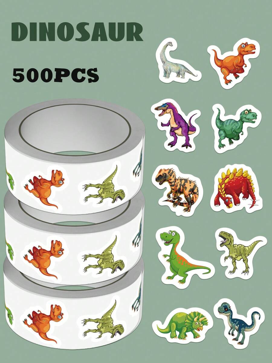 500pcs Dinosaur Sticker Roll, PVC Self-Adhesive Stickers, Suitable For Luggage, Skateboard, Guitar, Laptop, Scrapbook, Notebook, Phone Case, DIY Crafts, Asymmetrical Mixed Colors, Disposable - Multicolor - View 1