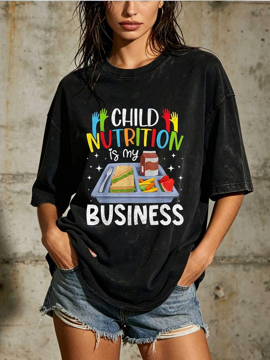 Women's 180g Short Sleeve T-Shirt - Business Casual Crew Neck T-Shirt With A Nutrition Theme, Suitable For Work, Building Activities, And Summer Wear. | Shirtless Style Top, Suitable For The Office, Gifts, And Holidays. | Machine Washable Casual Wear - Unisex Short Sleeve Crew Neck T-Shirt In Loose Urban Vintage Cotton - 黑色 - 查看 1