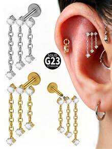 1 chiếc khuyên môi dạng thả bằng titan có ren trong và đính đá Zirconia, kiểu dáng ba dây, thích hợp cho xỏ khuyên tai vành tai (helix), sụn tai (cartilage), vành tai ngoài (tragus), daith. - 1,2x8mm - Xem 10