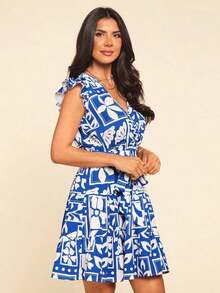 Vestido corto de verano con estampado de paisley, volantes y cinturón, estilo vacaciones, estilo bohemio, vestido mini con escote en V, estampado floral y volantes, vestido rosa con estampado de flores, vestido mini de línea A con estampado flora - Azul y blanco - Ver 6