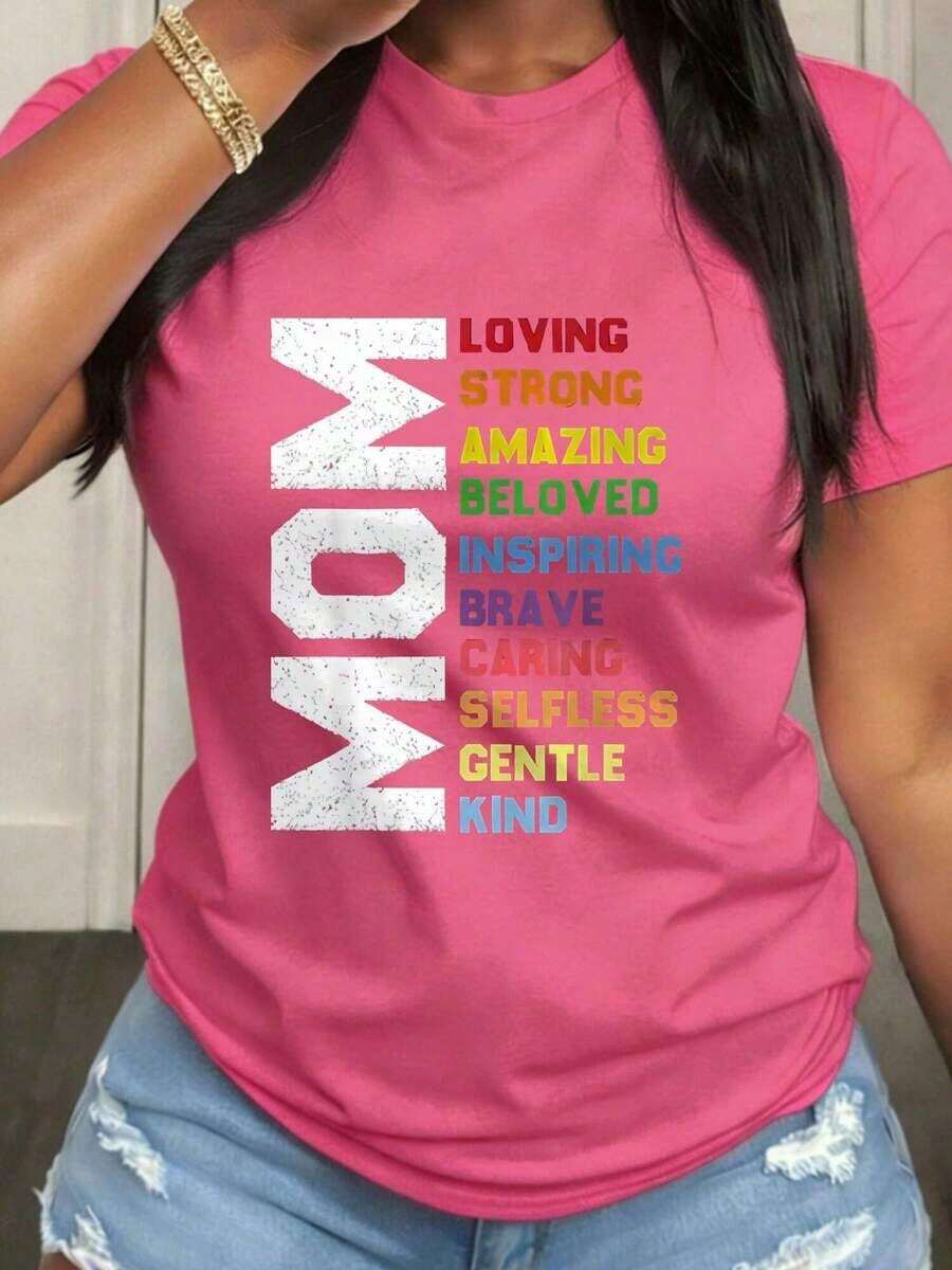 Mother's Day, Mom Loves Women's Urban Style T-Shirts, Powerful And Amazing For Mother's Day, Casual Short Sleeve Crew Neck T-Shirt, Medium Elasticity Fabric Suitable For Spring, Summer And Autumn Casual Outfits, Machine Washable, Fun Design - 玫紅色 - 查看 1
