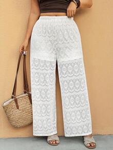 Pantalones holgados de punto con diseño calado, de moda para primavera/verano, pantalones casuales para resort, pantalones de resort de talla grande, pantalones para festival de música, conjunto de festival de música, pantalones largos sexy con di - Albaricoque - Ver 4