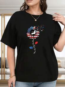 Women's Cotton Crew Neck T-Shirt, One Size Fits Most, Loose And Breathable. Features Sunflower And Puppy Silhouettes In Red/White/Blue With The Text "You Are My Sunshine," Perfect For Celebrating National Dog Day. FVD8 - 黑色 - 查看 4