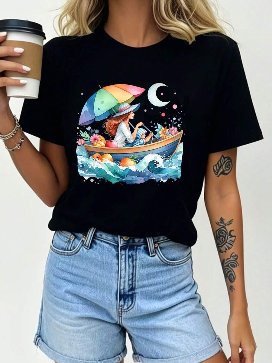 "Whimsical Boat Trip 180G" T-Shirt - A Must-Have For Holidays, A Gift For Family And Friends, Suitable For Office Events, With Rainbow Umbrella And Moon Prints, Perfect For Summer Parties And Gatherings. - 黑色 - 查看 1