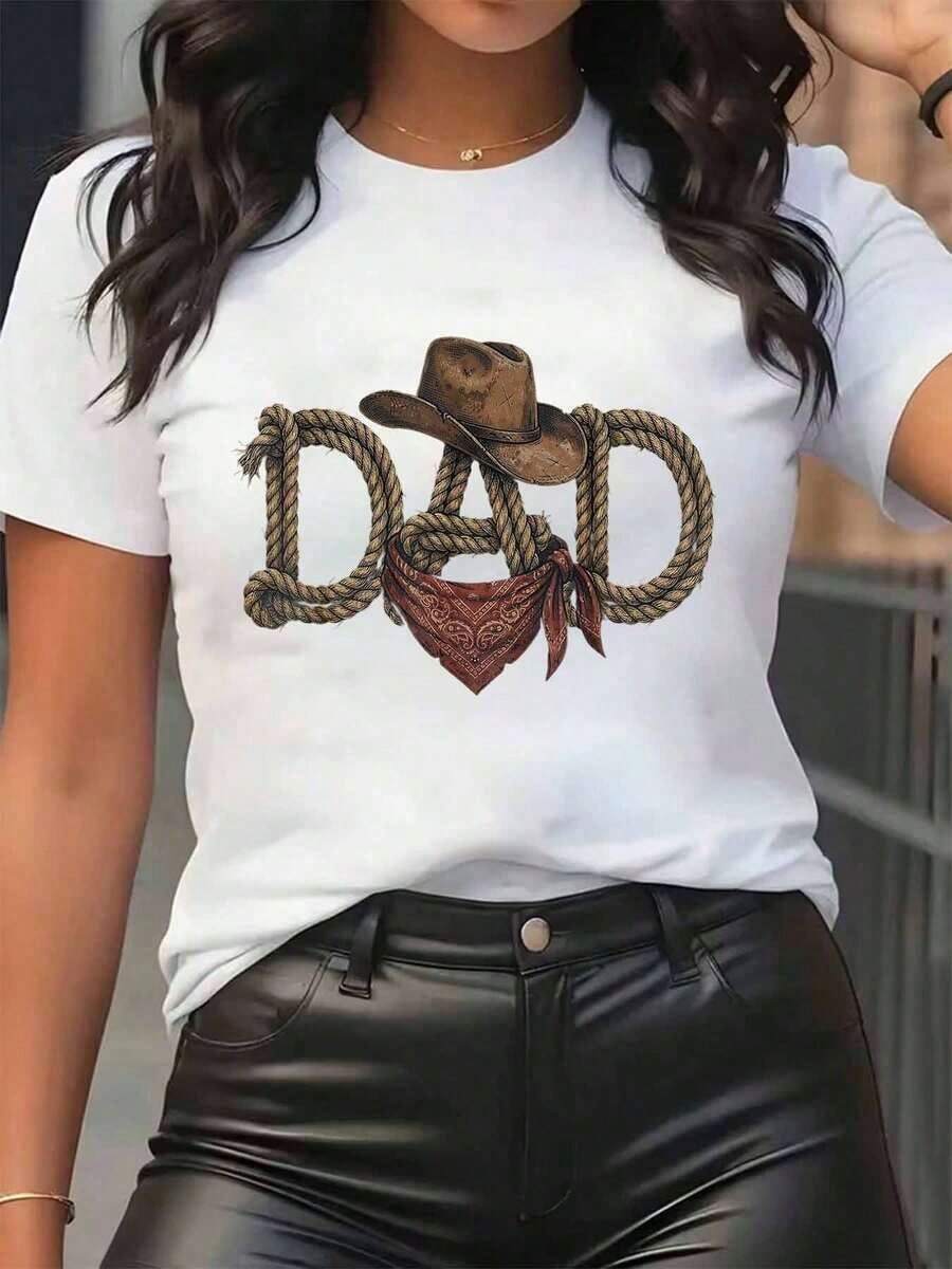 New Arrivals For Summer. Women's T-Shirt With Cowboy Hat, Bandana And Rope Print, Round Neck, Casual Everyday Wear, Soft And Comfortable, Festival Blouse, Shirt > Beautiful. - 白色 - 查看 1