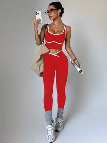 Dewbera Conjunto deportivo de mujer de dos piezas con bloques de color sin costuras, malla de yoga, conjunto de fitness, conjunto de entrenamiento de dos piezas, conjunto activo de dos piezas, conjunto deportivo negro de dos piezas - Rojo - Ver 1