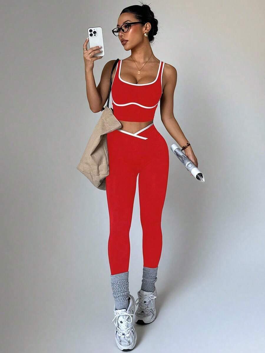 Dewbera Conjunto deportivo de mujer de dos piezas con bloques de color sin costuras, malla de yoga, conjunto de fitness, conjunto de entrenamiento de dos piezas, conjunto activo de dos piezas, conjunto deportivo negro de dos piezas - Rojo - Ver 1