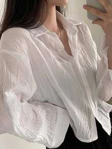 Women's Wrinkled Long Sleeve Blouses Loose Shirt With Sun Protection - 白色 - 查看 6