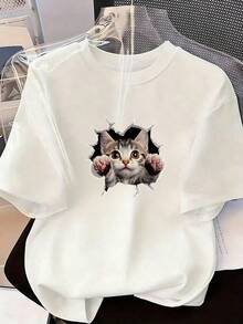 Cute And Realistic Style Short-Sleeve T-Shirt, Fashionable Short-Sleeve T-Shirt For Spring And Summer 2026, Made In Mexico, 180 Grams. Cartoon Print, Couple Design, Suitable For Indoor Or Outdoor Wear. Crew Neck, Unisex, Ideal For Office And Leisure. One-Piece Pack. - WH-P631577SLNDXZGY566 - 查看 2