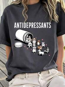 Short-Sleeved T-Shirt With A Round Neck And A Cute Dog Print Featuring "Anti-Depressants". This New, Loose-Fitting, Versatile, Minimalist-Style T-Shirt With A Round Neck And A Cute Print Is Suitable For Everyday Wear And Holidays. - 深灰色 - 查看 8