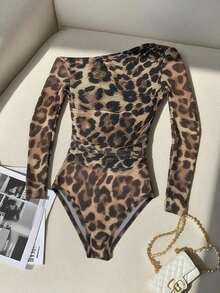 Body de manga larga con hombros transparentes y estampado de leopardo para mujer - Marrón 3 - Ver 9