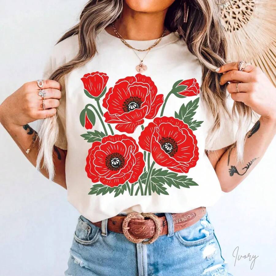 Red Poppy Flower T-Shirt: Cotton Graphic Shirtblusas para mujer>camisa blusas para dama - Albaricoque - Ver 1