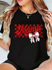 "Baseball Mama" T-Shirt With Red Plaid Pattern And Baseball Bow Print For Game Day And Independence Day Celebration, "Mama" Style. - Black - View 7