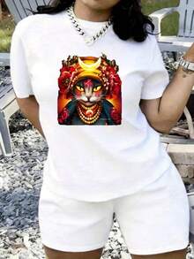Women's Vintage T-Shirt With Cat Print, Red Flowers, Moon, Necklaces And Embellishments, Red, Short Sleeve, Round Neck, Urban Style, Urban Fashion, Casual For Leisure Time, Ideal For Casual Wear, Beach And Vacation, Versatile, Soft, Comfortable And Breathable, Machine Washable - 白色 - 查看 1
