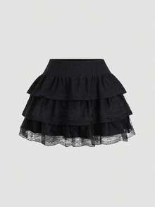 Falda con volantes en capas estilo A con tela texturizada negra y encaje en contraste, estilo evasé y estilizador, inspirado en la década 2000 - Negro - Ver 7
